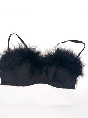 Black marabou Feather Trim Bra - Women Intimates